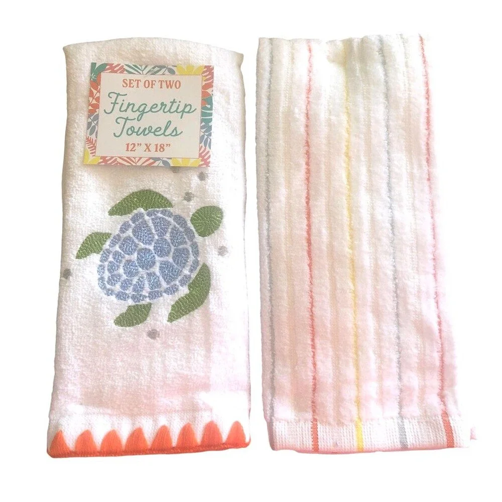 Sea Turtle Striped Fingertip Towels Embroidered Beach House Bathroom Set of 2